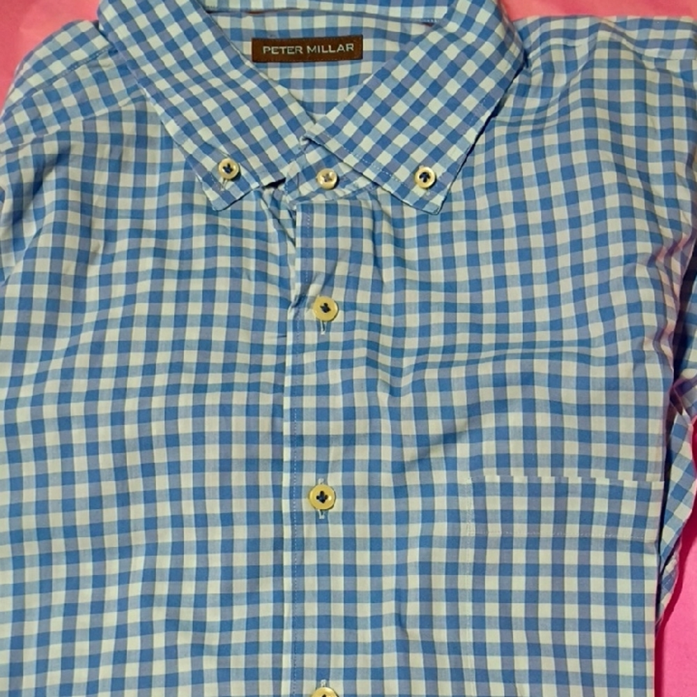 Peter Millar Sky Blue Gingham Men's Shirt, Long Sleeve